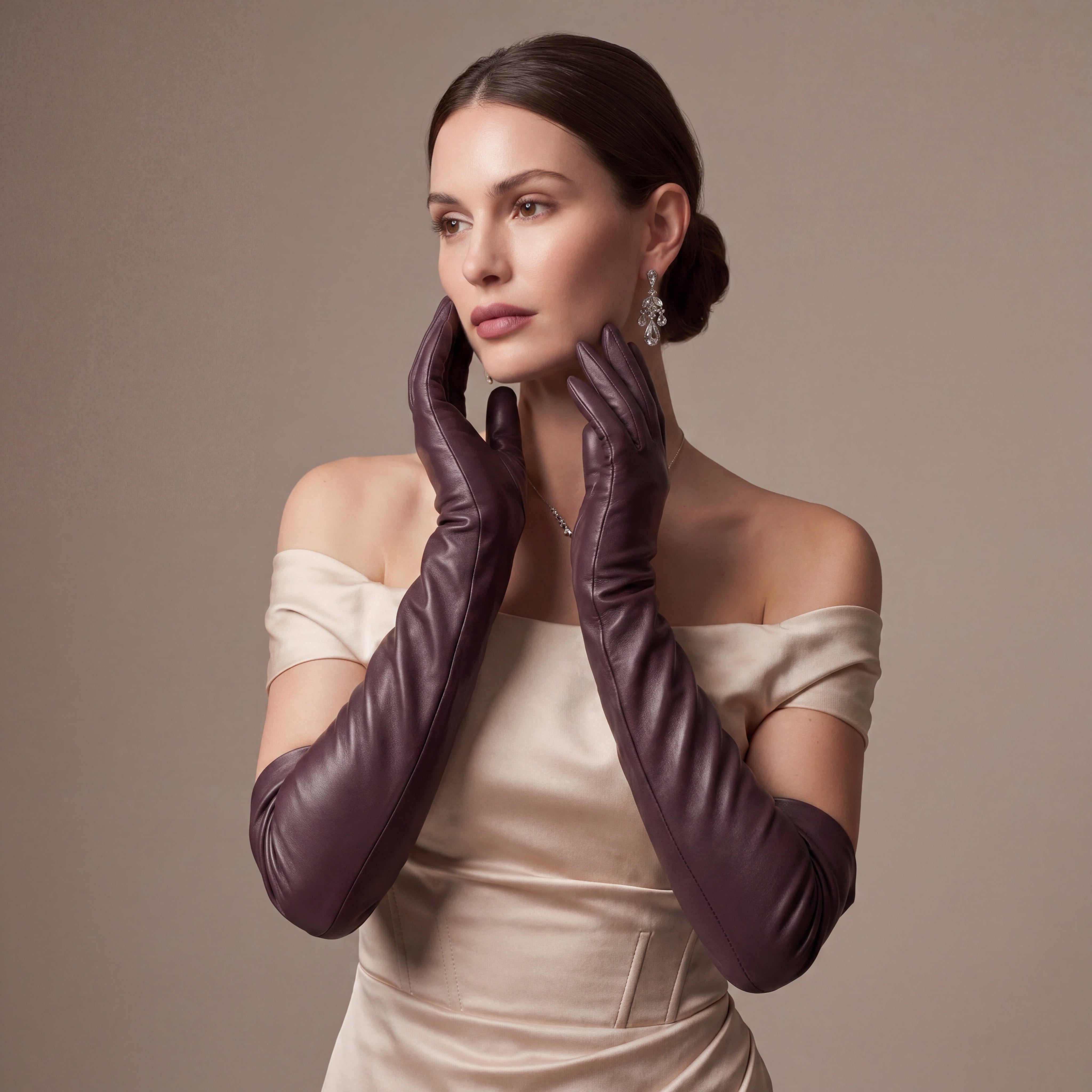 FS01W (brown) - Italian cashmere lined opera length leather gloves - Glamourous Grace