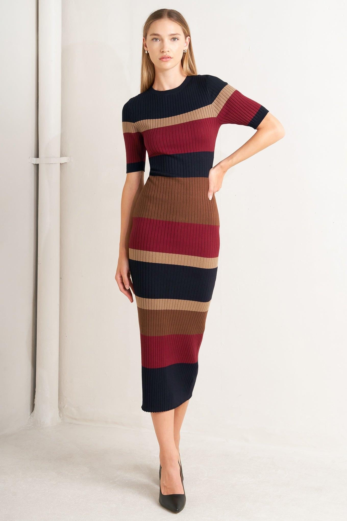 FALL RHYTHM COLOR BLOCKED MIDI SWEATER DRESS - Glamourous Grace