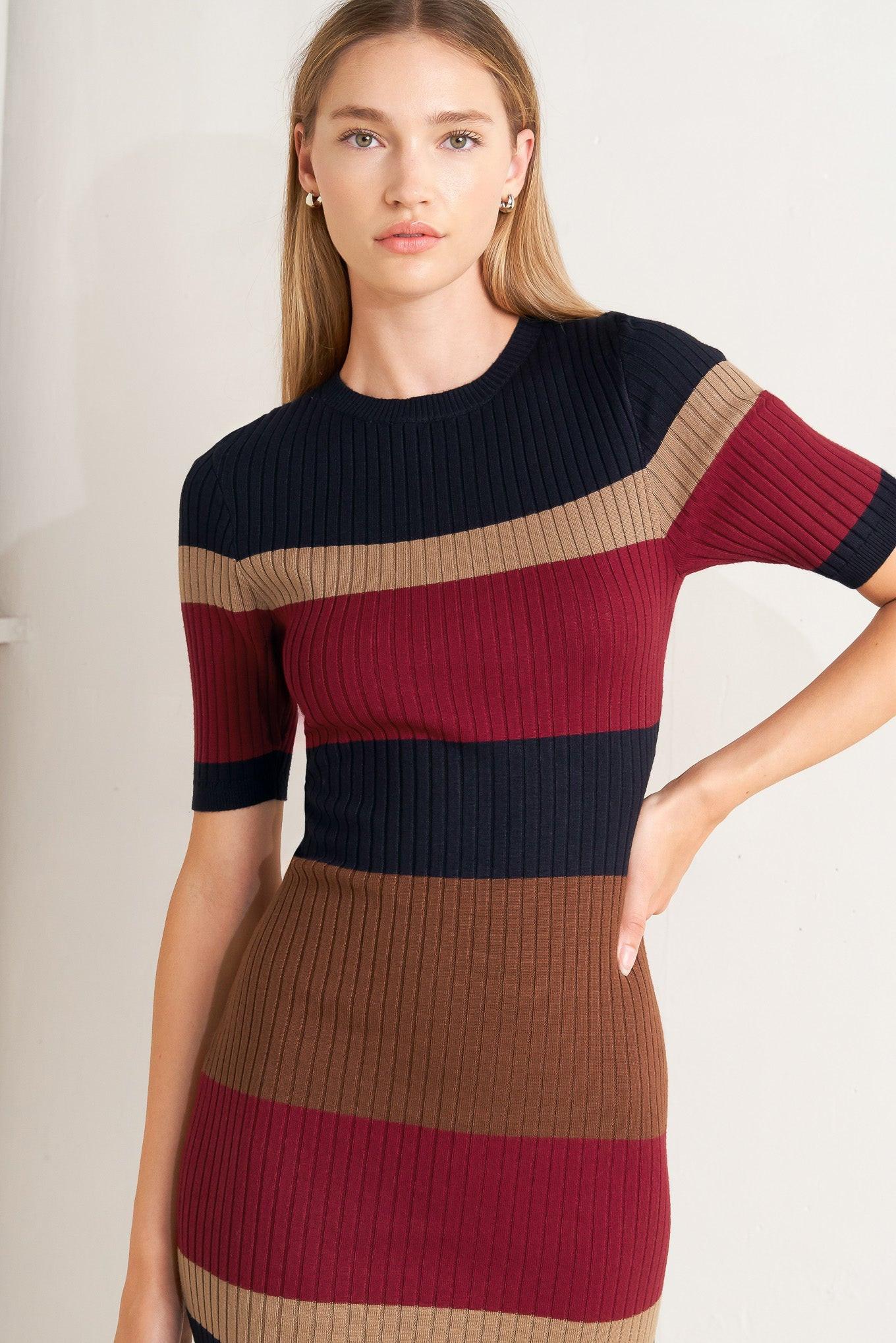 FALL RHYTHM COLOR BLOCKED MIDI SWEATER DRESS - Glamourous Grace