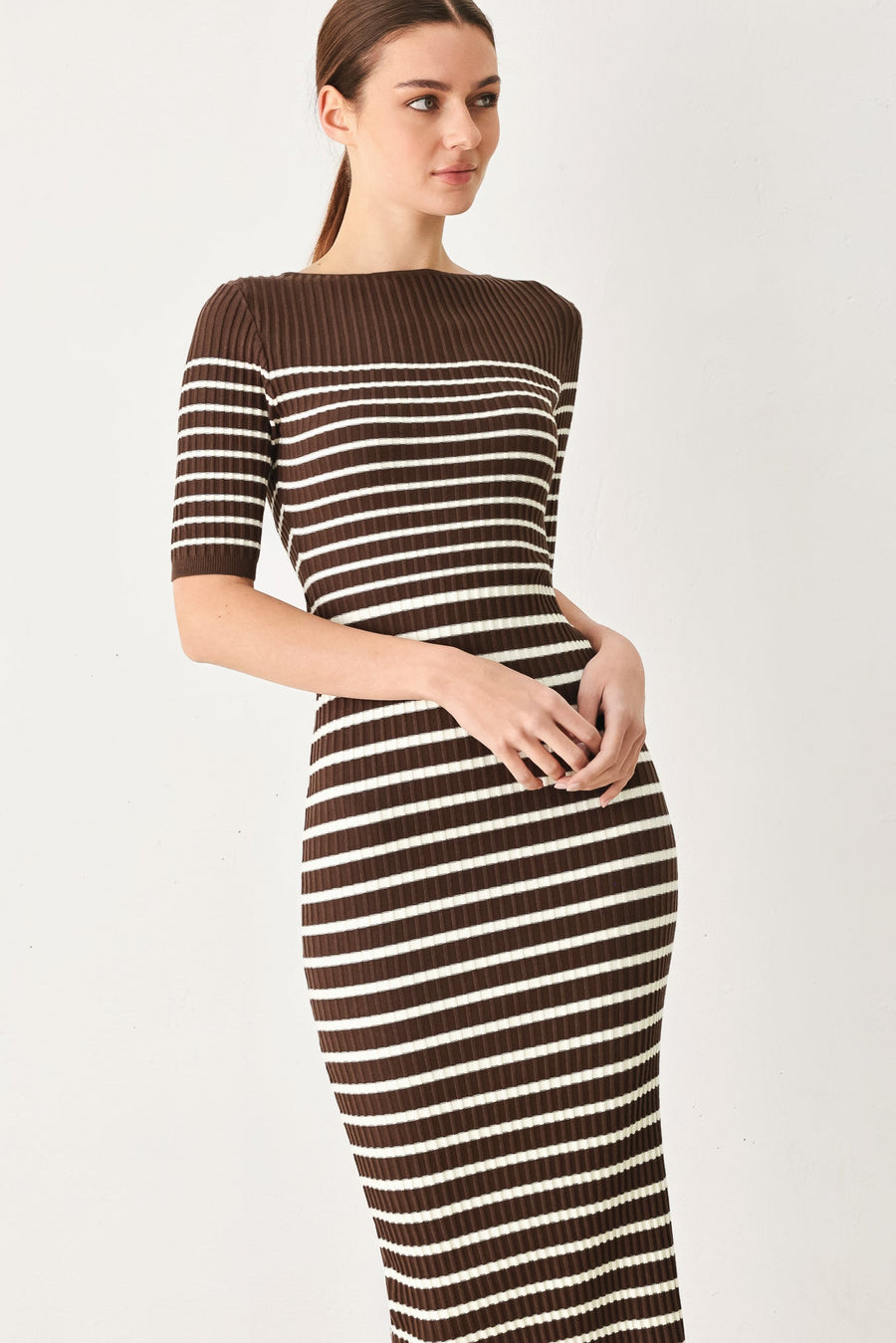 TRENDY CHOCOLATE STRIPE SWEATER MIDI DRESS - Glamourous Grace