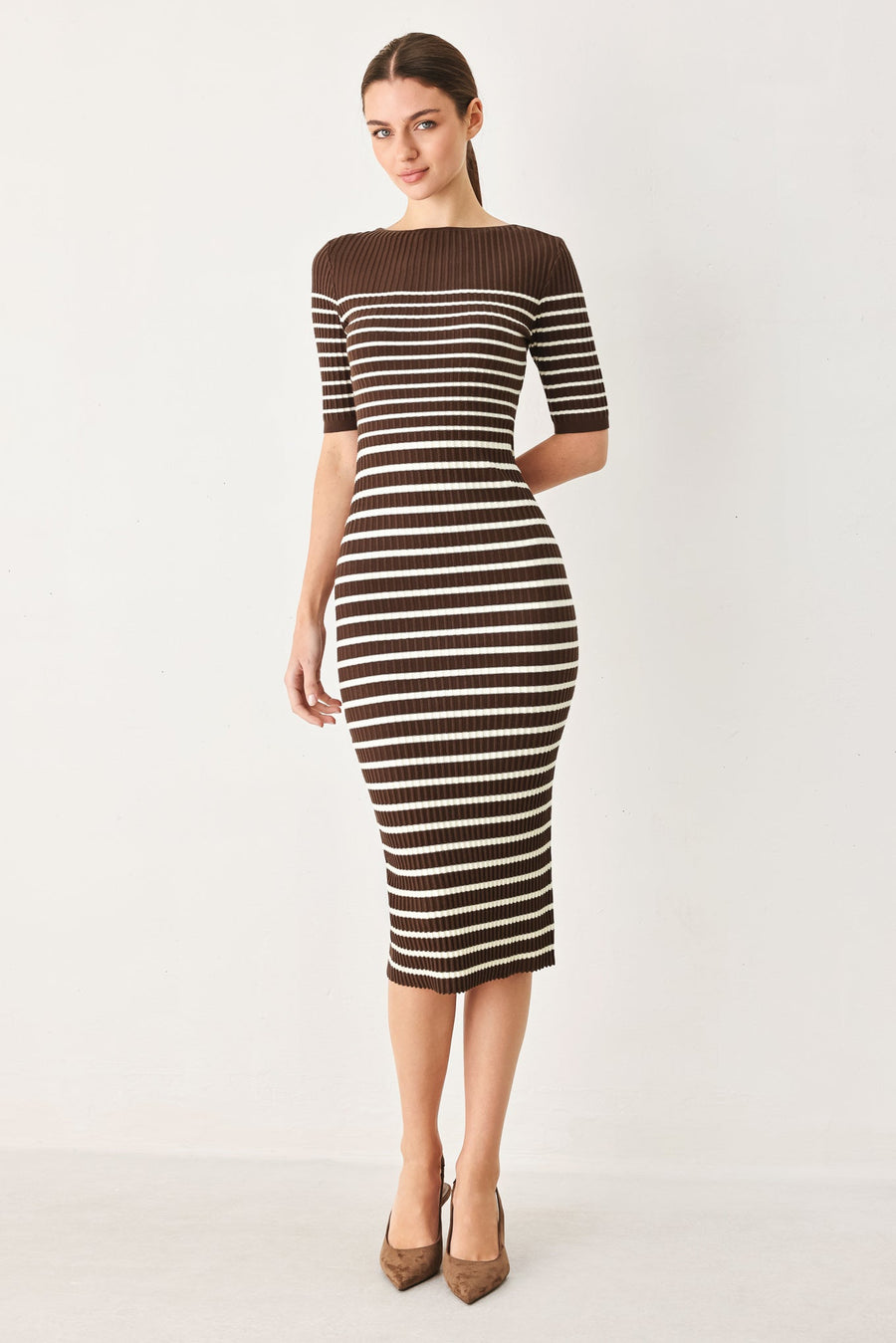 TRENDY CHOCOLATE STRIPE SWEATER MIDI DRESS - Glamourous Grace