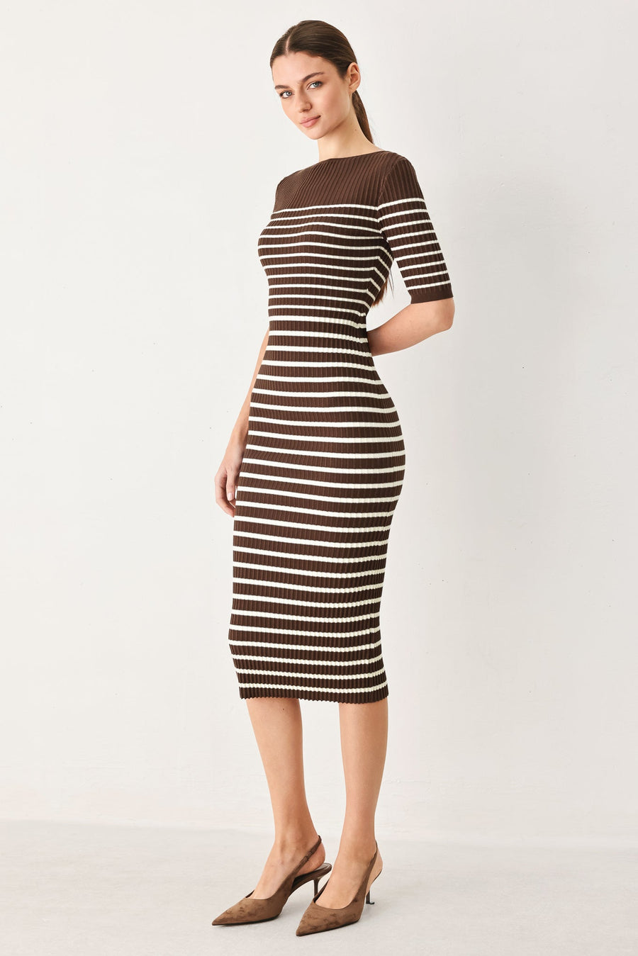 TRENDY CHOCOLATE STRIPE SWEATER MIDI DRESS - Glamourous Grace
