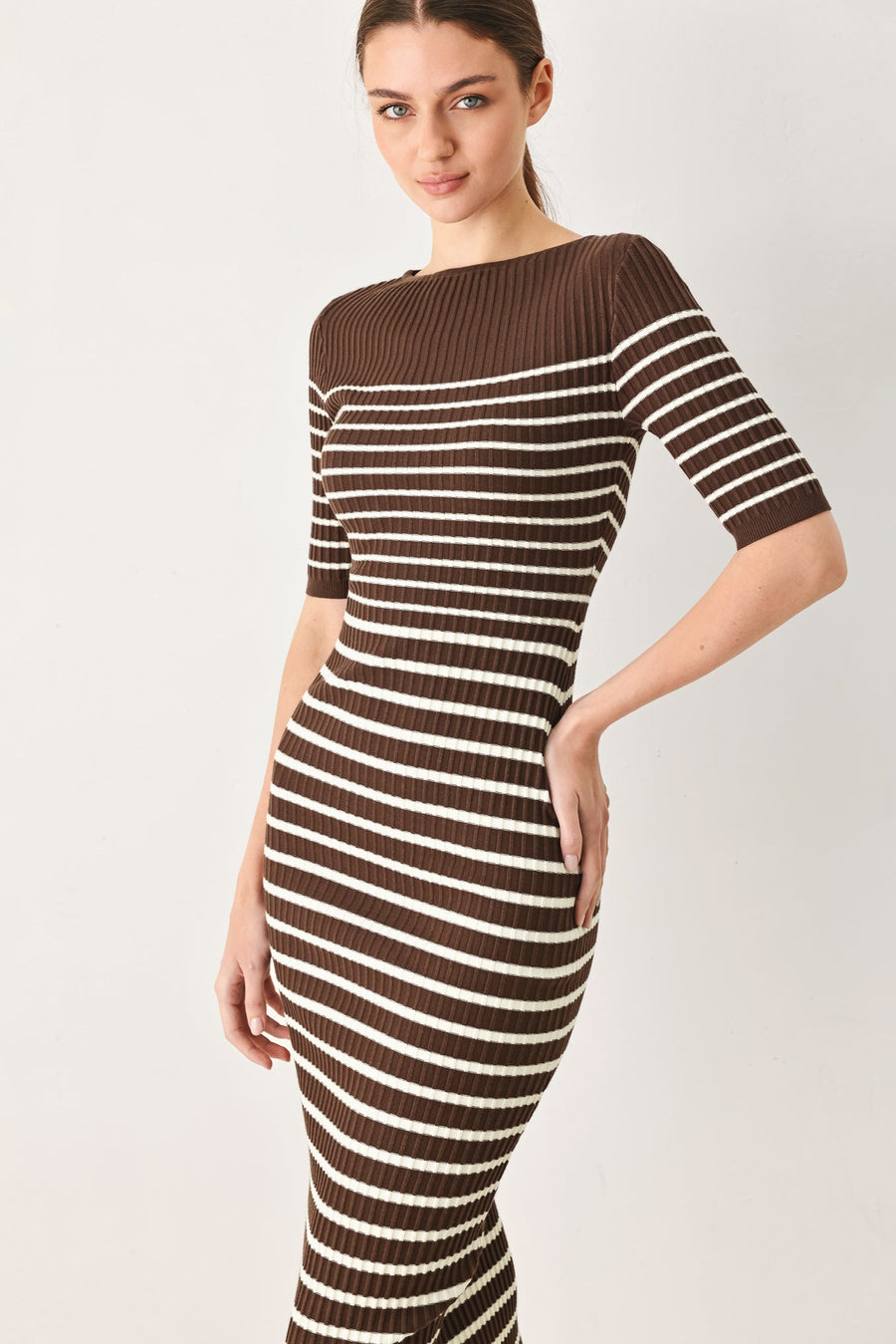 TRENDY CHOCOLATE STRIPE SWEATER MIDI DRESS - Glamourous Grace