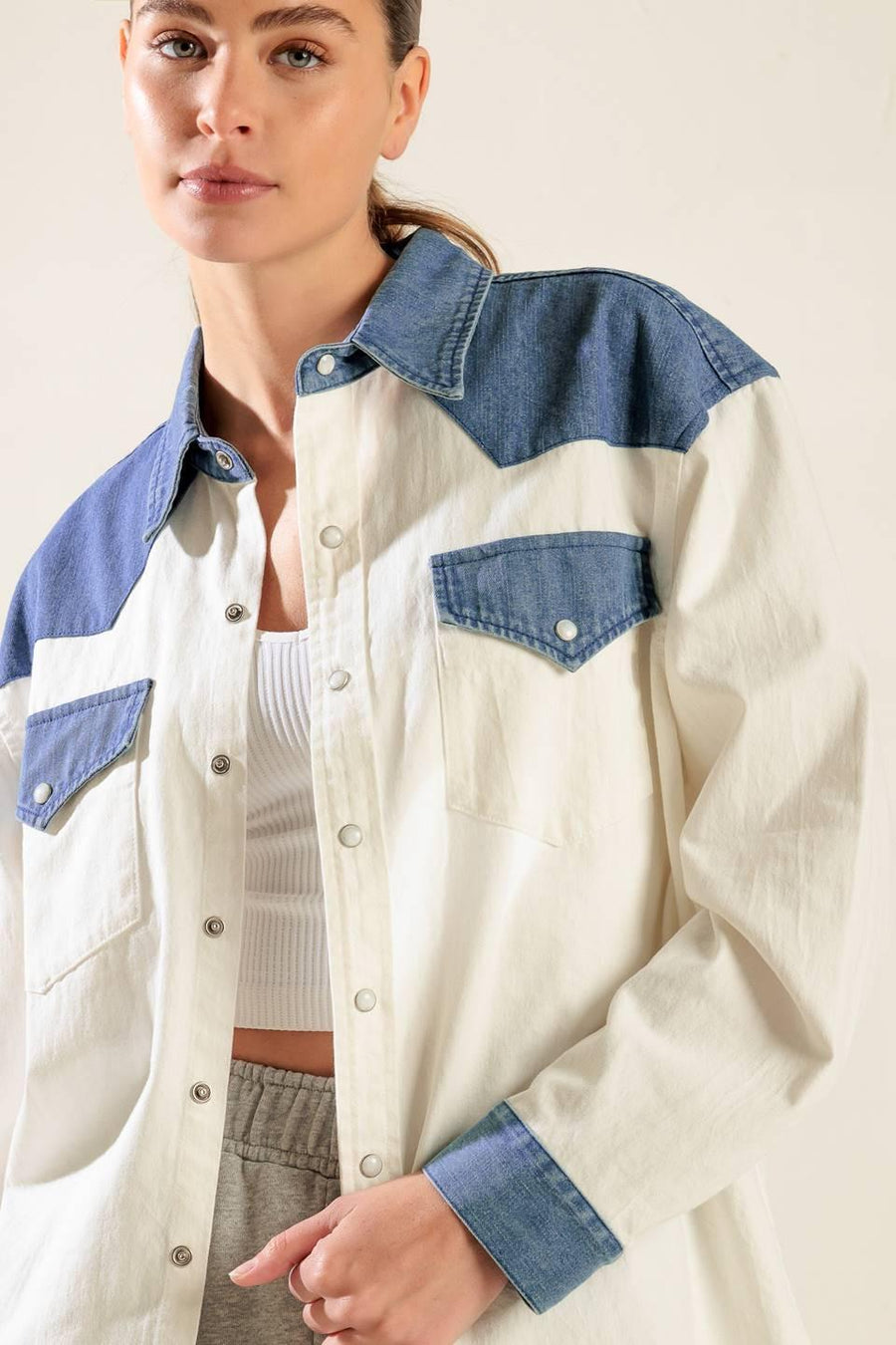 KEEP IT GOING WOVEN AND DENIM SHIRT - Glamourous Grace