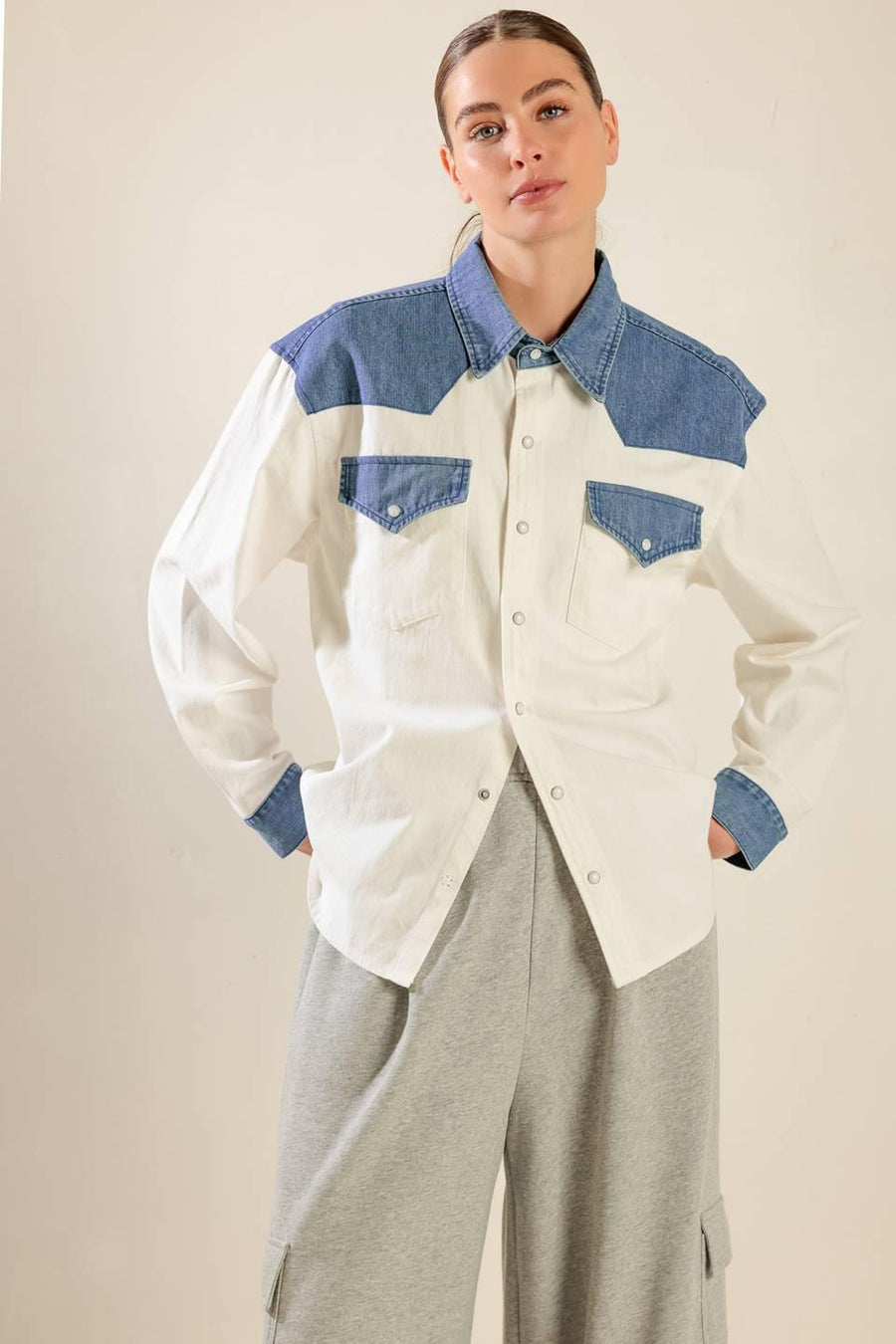 KEEP IT GOING WOVEN AND DENIM SHIRT - Glamourous Grace