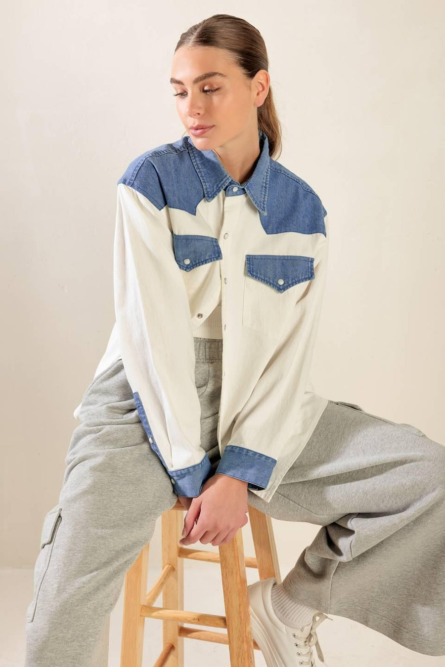 KEEP IT GOING WOVEN AND DENIM SHIRT - Glamourous Grace