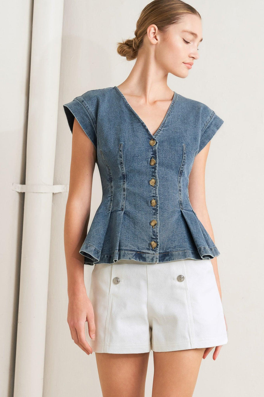 NO SECOND THOUGHT WASHED DENIM TOP - Glamourous Grace