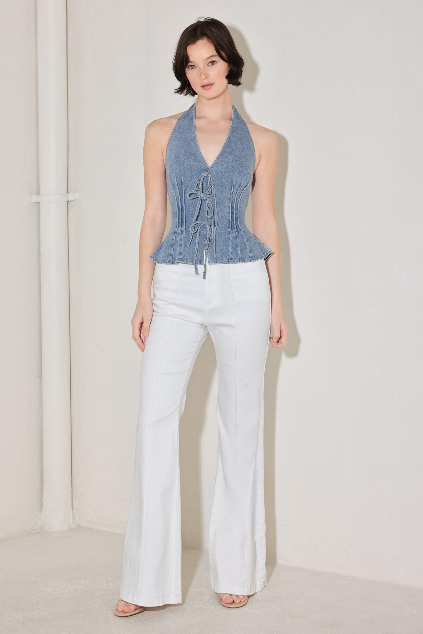 RETRO RISE HALTER DENIM TOP - Glamourous Grace