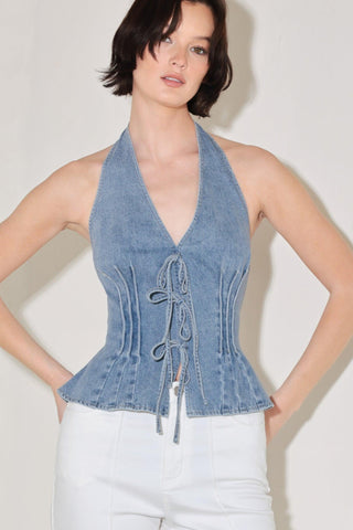 RETRO RISE HALTER DENIM TOP - Glamourous Grace