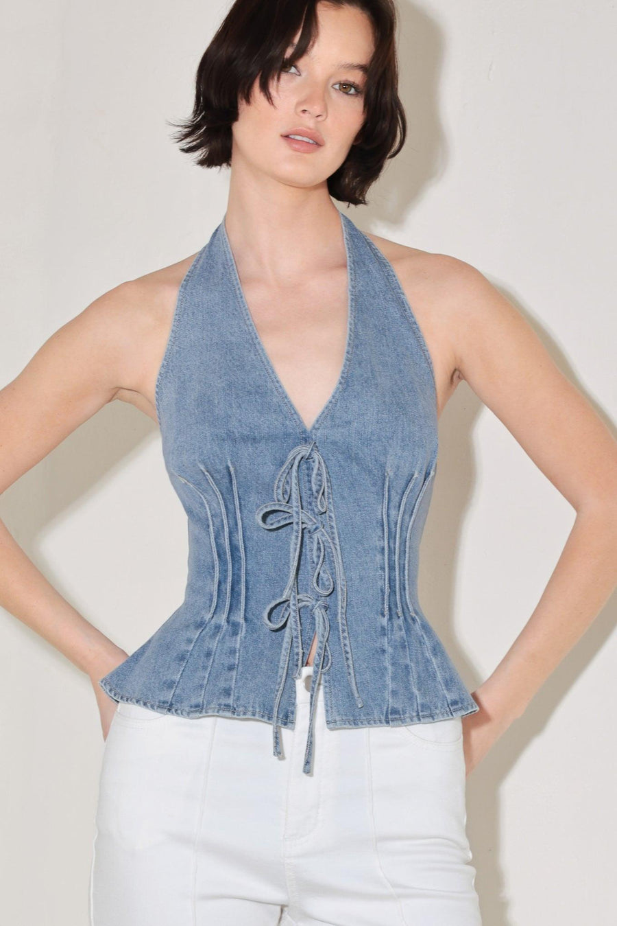 RETRO RISE HALTER DENIM TOP - Glamourous Grace
