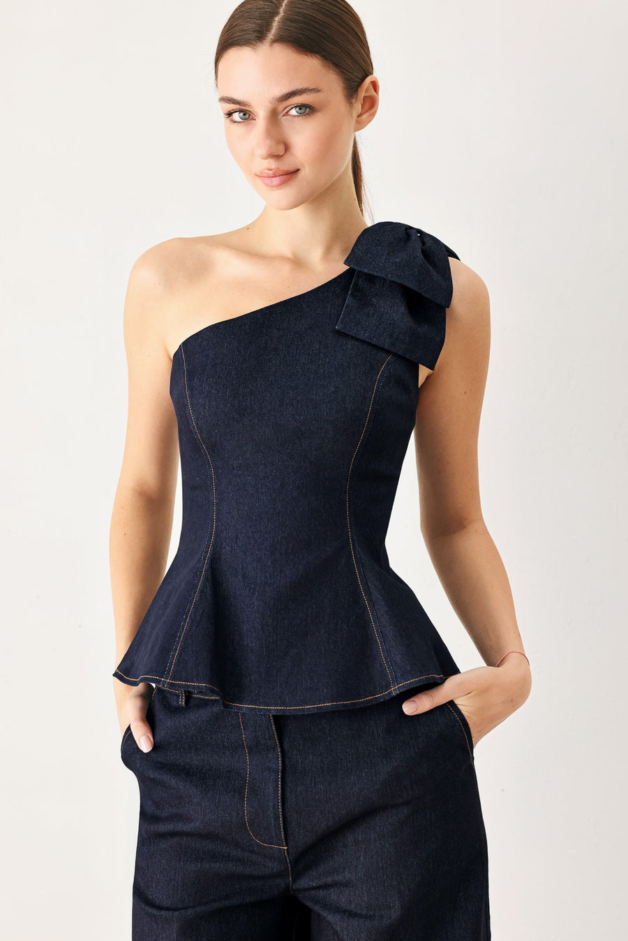 INDIGO BOW ONE SHOULDER DENIM TOP - Glamourous Grace