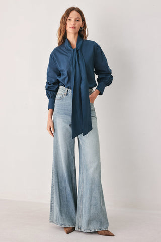 OCEAN INK PUSSY-BOW WOVEN TOP