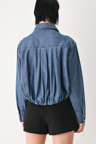 CASUAL ENCOUNTER INDIGO RUCHED DENIM BUTTON-DOWN TOP