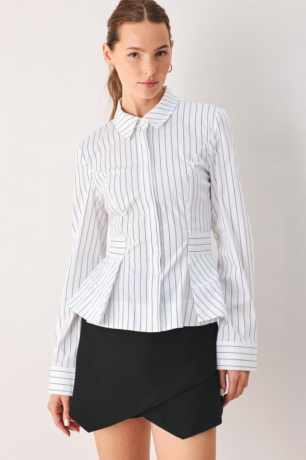 MODERNIST PINSTRIPE FLARED-WAIST WOVEN TOP - Glamourous Grace