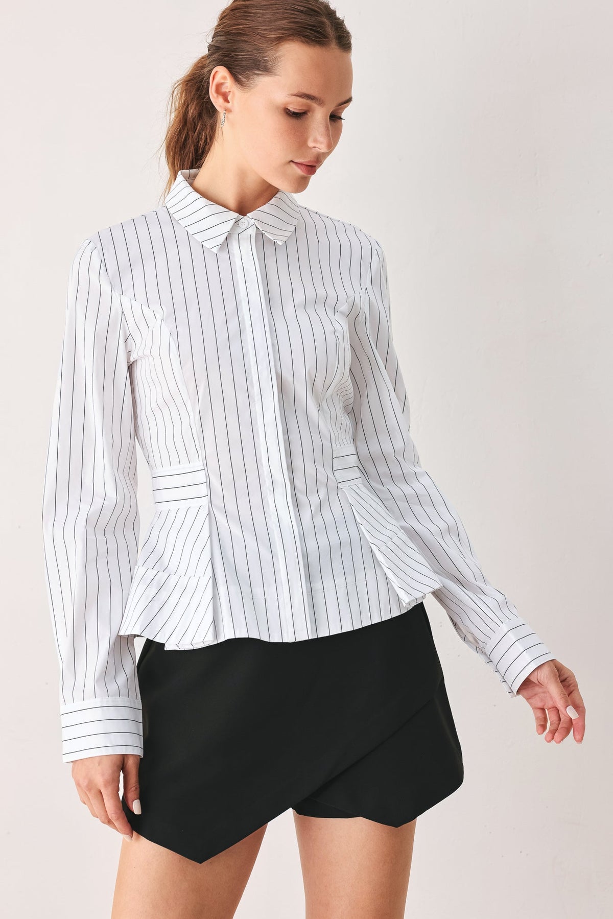 MODERNIST PINSTRIPE FLARED-WAIST WOVEN TOP - Glamourous Grace