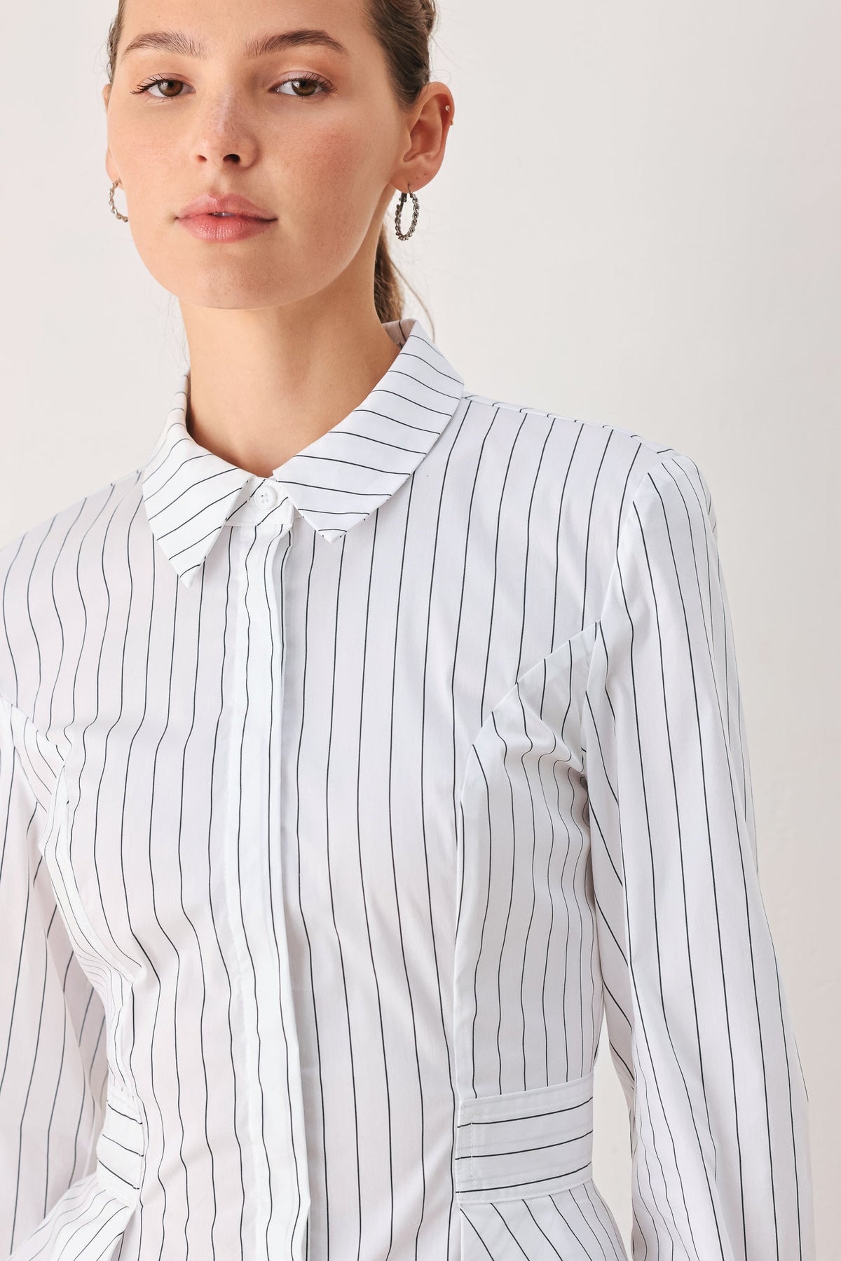 MODERNIST PINSTRIPE FLARED-WAIST WOVEN TOP - Glamourous Grace