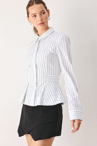 MODERNIST PINSTRIPE FLARED-WAIST WOVEN TOP
