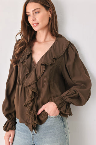 EARTHBOUND ROMANCE BROWN RUFFLE PINTUCK BLOUSE