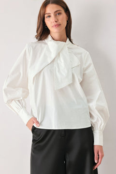 IVORY IMPACT OFF WHITE ASYMMETRICAL TIE-NECK PUFF-SLEEVE TOP