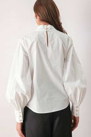 IVORY IMPACT OFF WHITE ASYMMETRICAL TIE-NECK PUFF-SLEEVE TOP