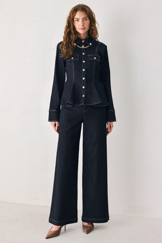 INDIGO ICON DARK INDIGO CHAIN-DETAIL PEPLUM DENIM TOP
