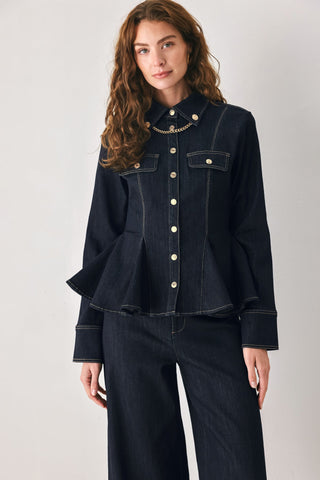 INDIGO ICON DARK INDIGO CHAIN-DETAIL PEPLUM DENIM TOP