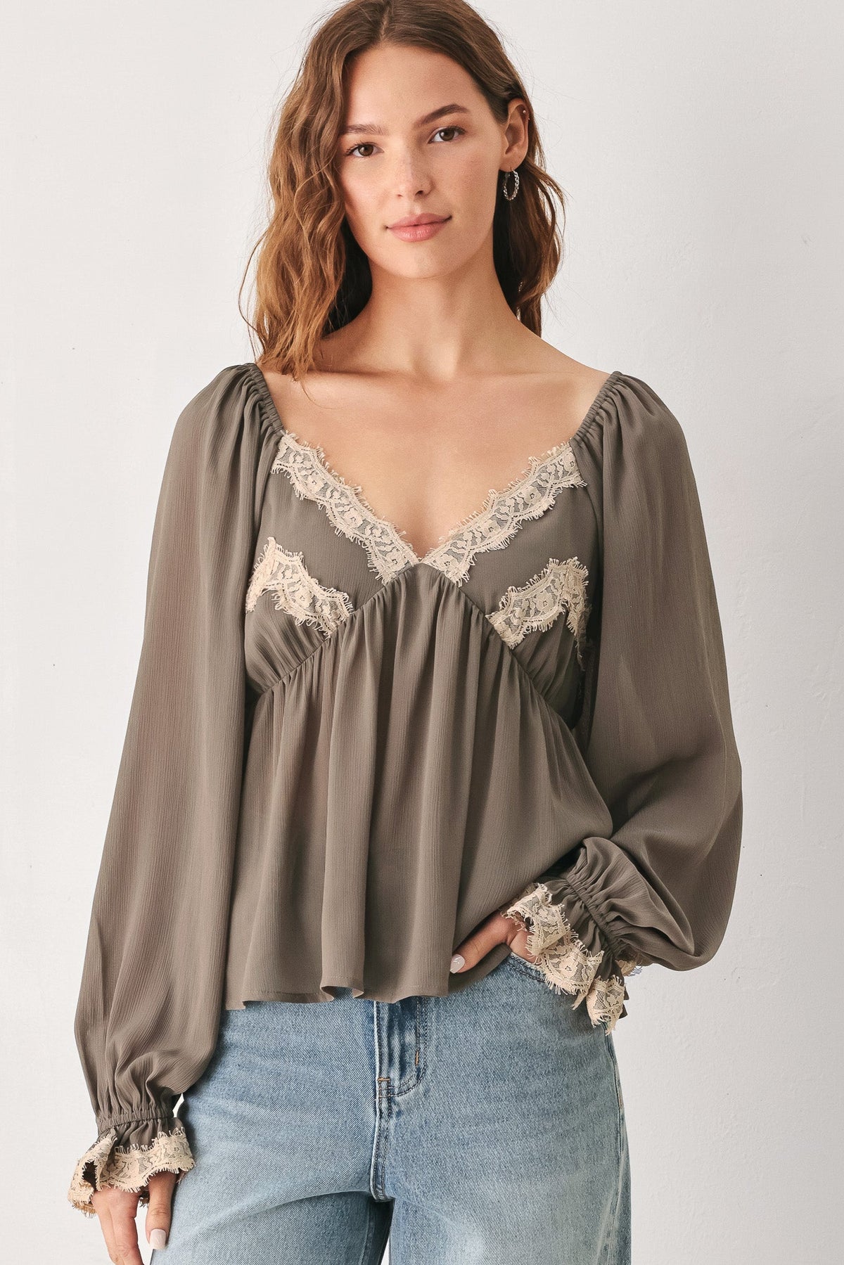 GREIGE ROMANTIC LACE-TRIM WOVEN TOP - Glamourous Grace