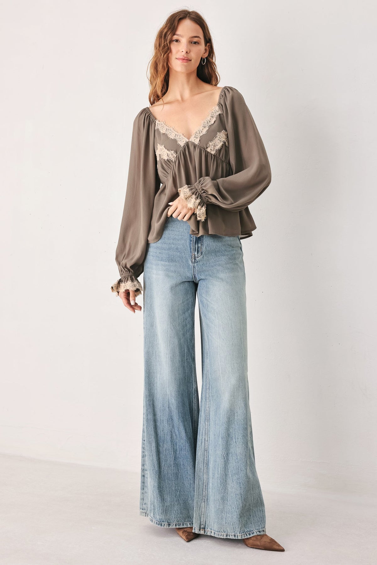 GREIGE ROMANTIC LACE-TRIM WOVEN TOP - Glamourous Grace