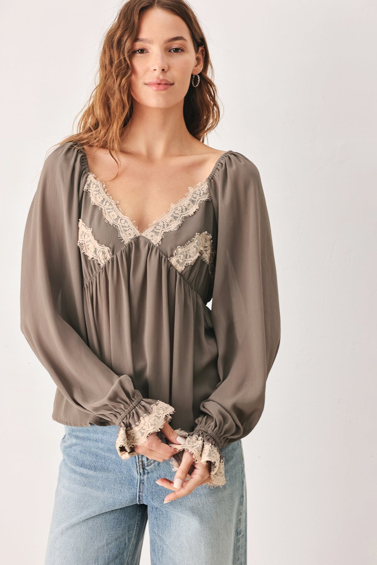 GREIGE ROMANTIC LACE-TRIM WOVEN TOP - Glamourous Grace