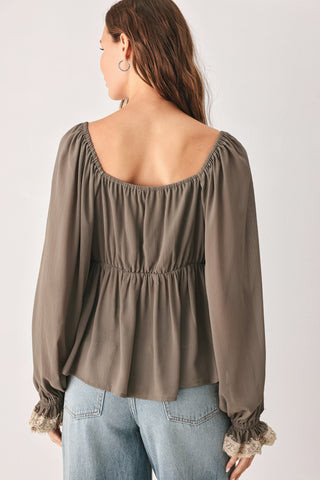 GREIGE ROMANTIC LACE-TRIM WOVEN TOP