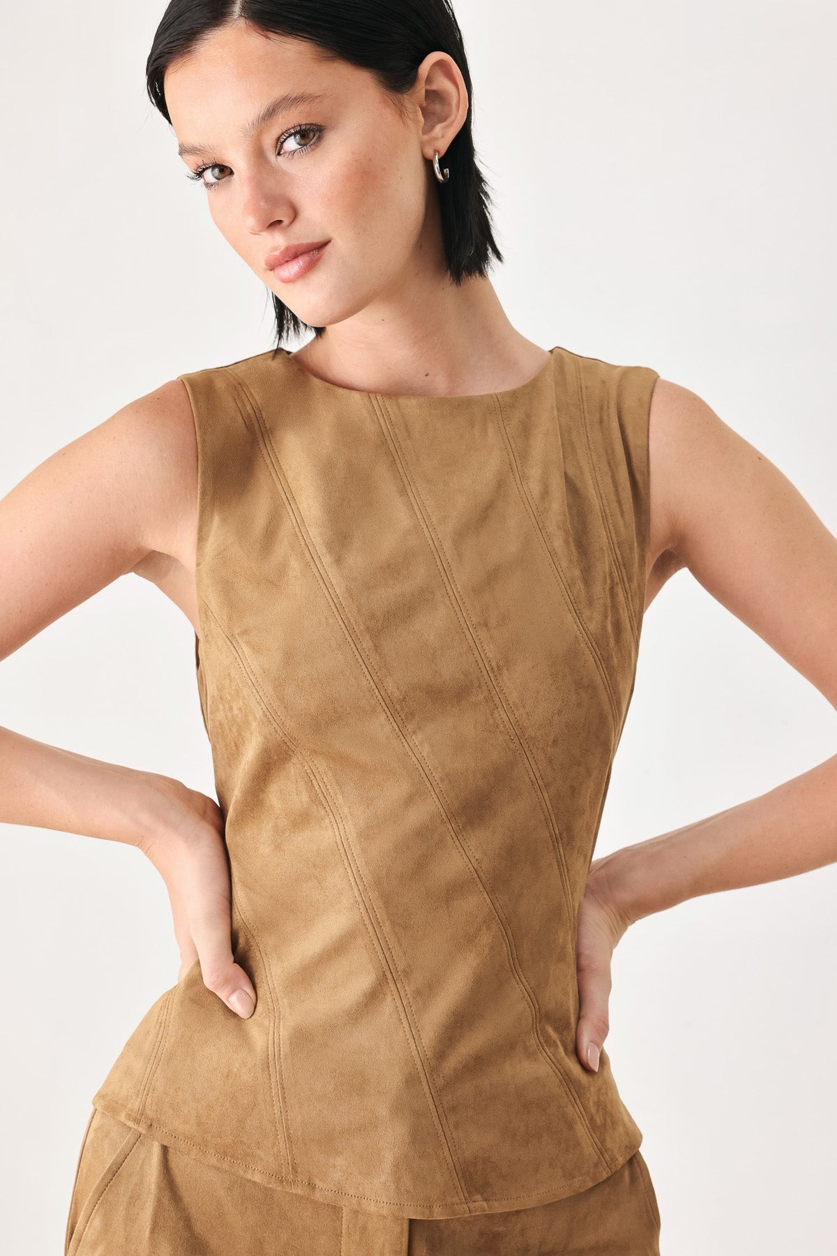 DESERT MOD CAMEL FAUX SUEDE SLEEVELESS TOP