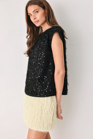 IVORY FRINGE OFF WHITE SEQUIN SLEEVELESS TOP