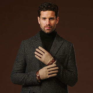 Fabrizio (brown) - Italian tweed men’s gloves with touchscreen capability and adjustable snap button - Glamourous Grace