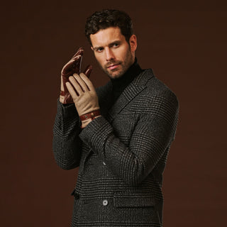 Fabrizio (brown) - Italian tweed men’s gloves with touchscreen capability and adjustable snap button - Glamourous Grace