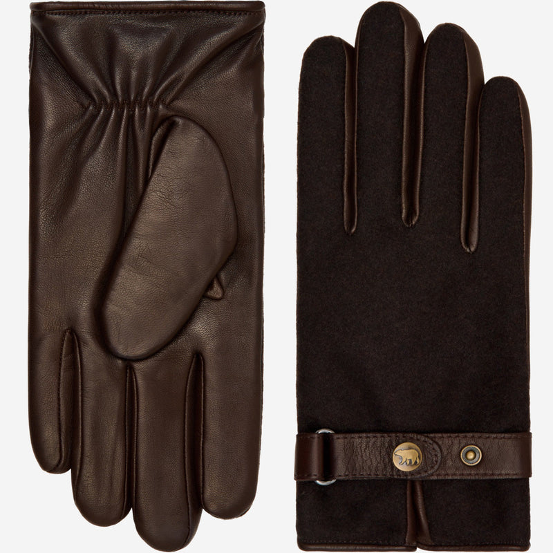 Fabrizio (dark brown) - Italian tweed men’s gloves with touchscreen capability and adjustable snap button - Glamourous Grace
