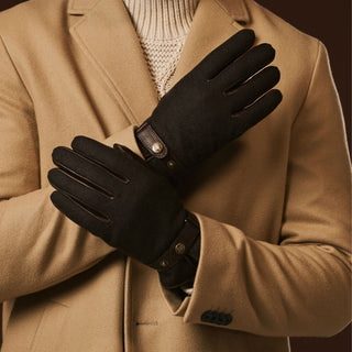 Fabrizio (dark brown) - Italian tweed men’s gloves with touchscreen capability and adjustable snap button - Glamourous Grace