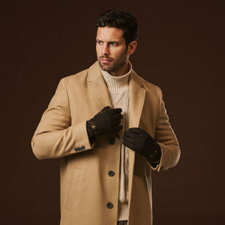 Fabrizio (dark brown) - Italian tweed men’s gloves with touchscreen capability and adjustable snap button - Glamourous Grace
