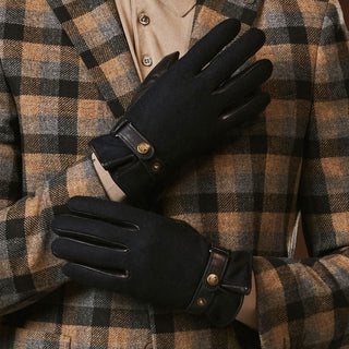 Fabrizio (navy blue) - Tweed men's gloves with touchscreen capability and adjustable snap button - Glamourous Grace