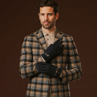 Fabrizio (navy blue) - Tweed men's gloves with touchscreen capability and adjustable snap button - Glamourous Grace