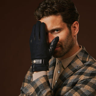 Fabrizio (navy blue) - Tweed men's gloves with touchscreen capability and adjustable snap button - Glamourous Grace