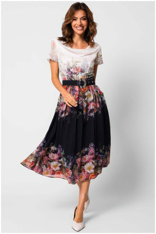 Navy Floral Elegant Midi Dress, Julia