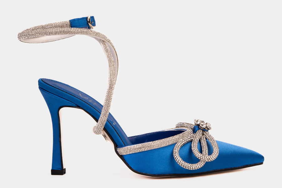 The Floransa Sax Blue Leather Pointy Toe Ankle Strap Women Sandal Final Sale! - Glamourous Grace