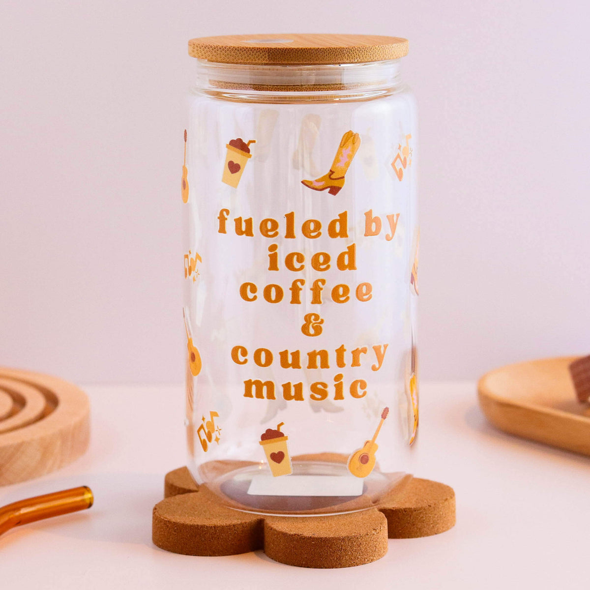 Fueled by Iced Coffee and Country Music 16 oz Glass Cup Set - Glamourous Grace
