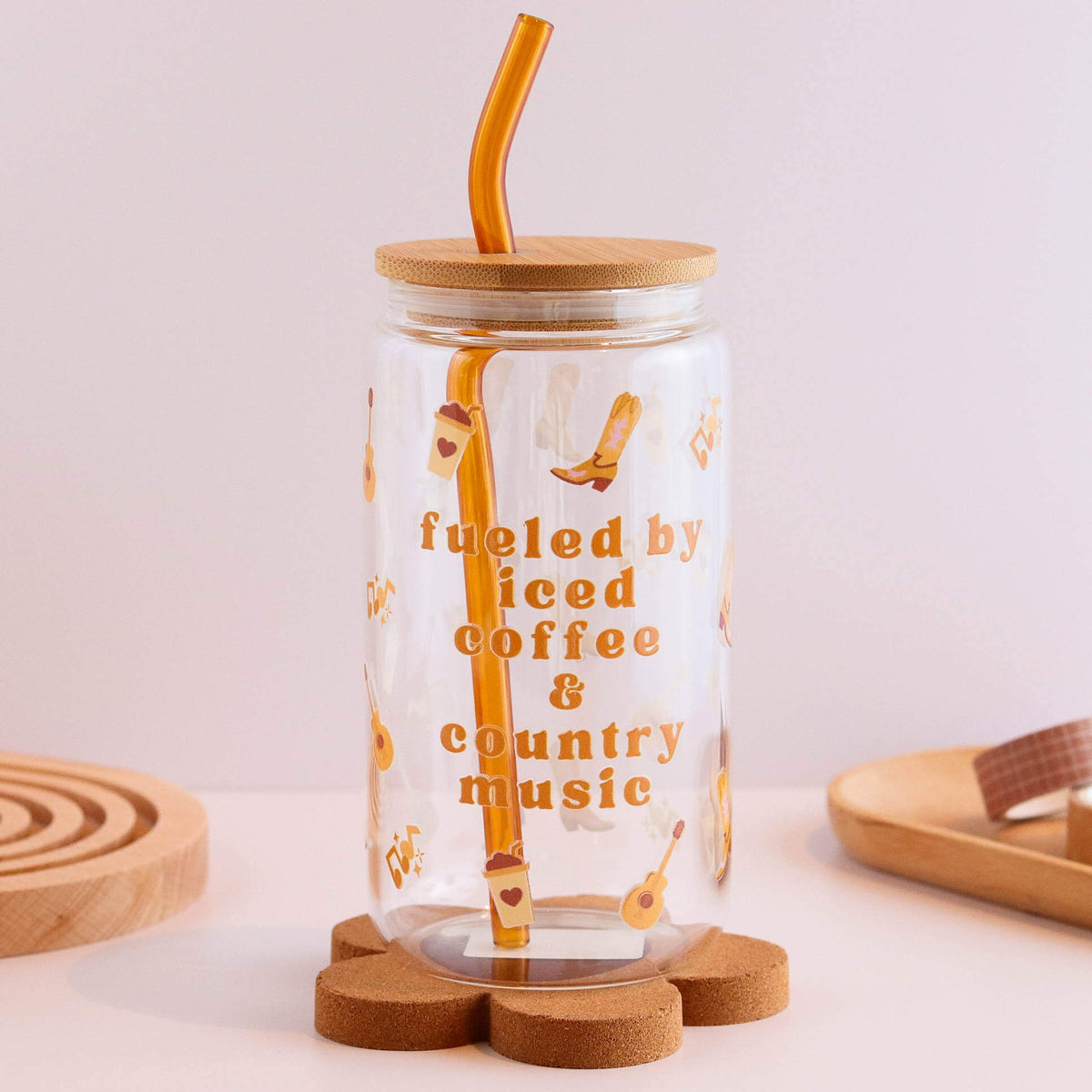 Fueled by Iced Coffee and Country Music 16 oz Glass Cup Set - Glamourous Grace