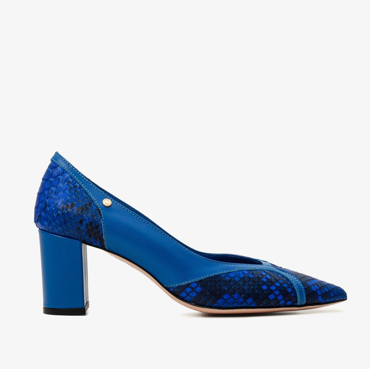 The Toskana Sax Blue Pythn Leather Block Heel Pump Women Shoe - Glamourous Grace