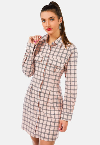 Full Sleeve Chequered Shirt Dress