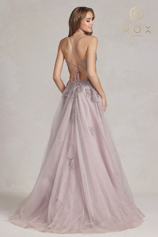 Nox Anabel G1149 Floor Length A-Line Tulle Gown with Slit