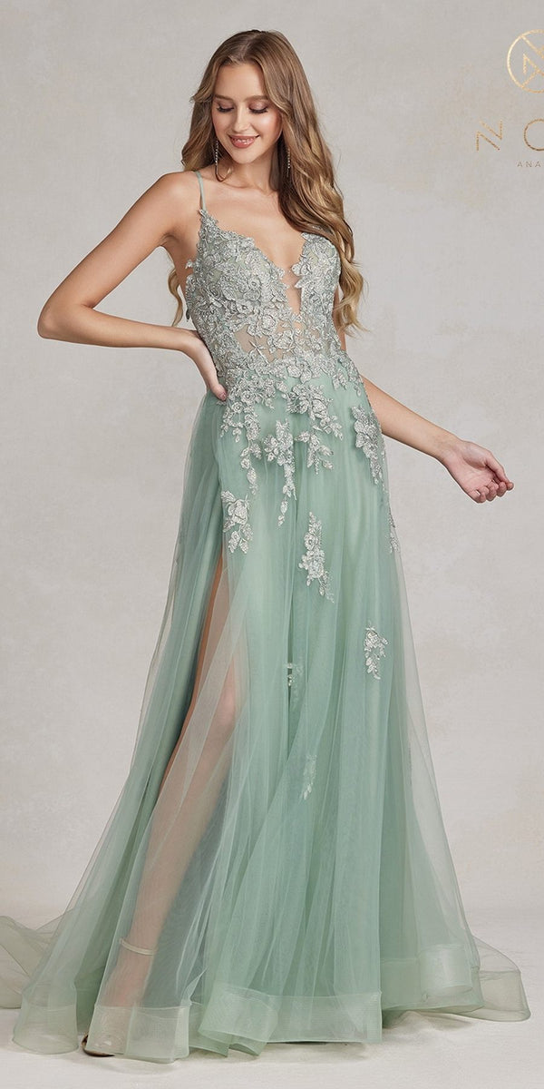 Nox Anabel G1149 Floor Length A-Line Tulle Gown with Slit - Glamourous Grace
