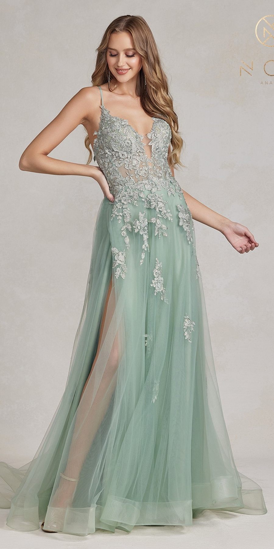 Nox Anabel G1149 Floor Length A-Line Tulle Gown with Slit - Glamourous Grace