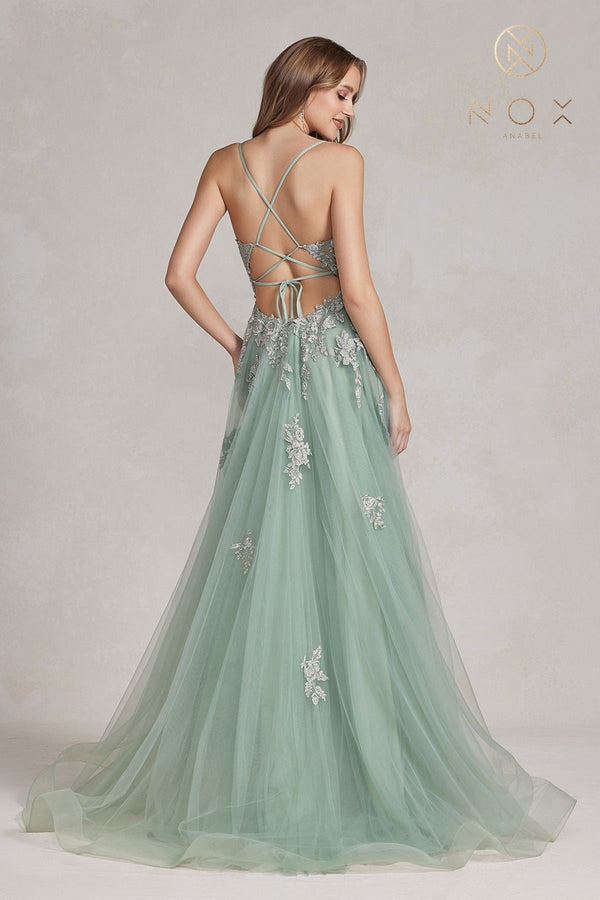 Nox Anabel G1149 Floor Length A-Line Tulle Gown with Slit - Glamourous Grace